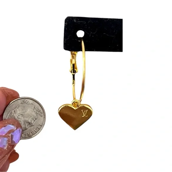 Upcycled Gold LV Louis Vuitton Stamped Charm Hoop Earrings - Picture 10 of 13